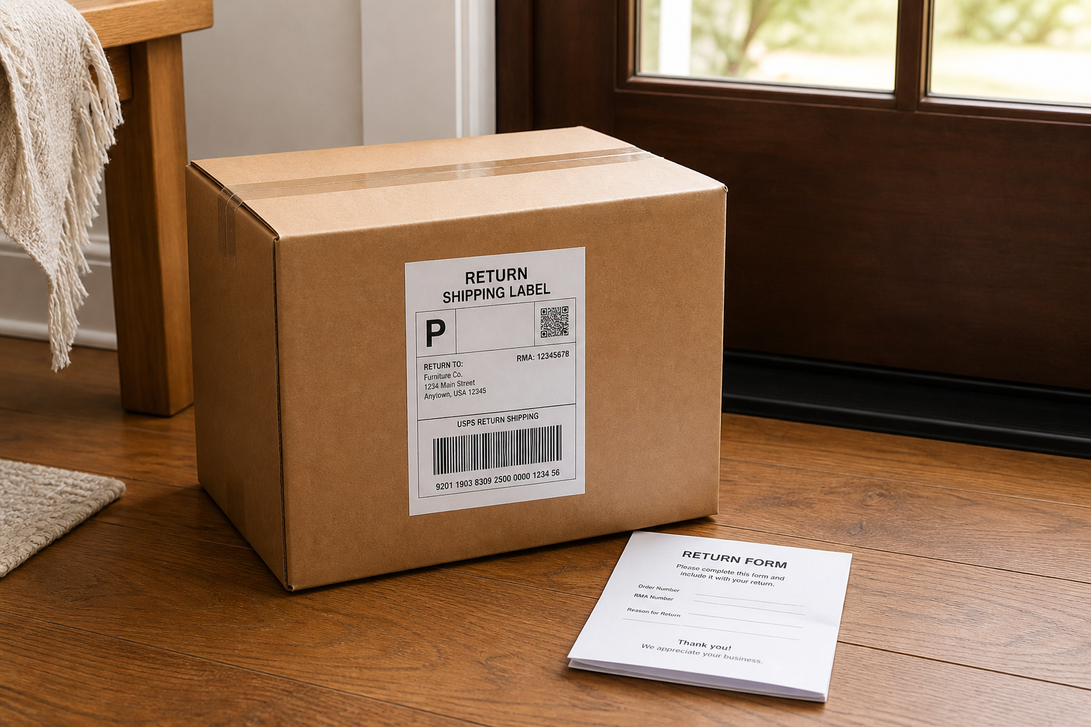 Rücksendung – versiegeltes Paket mit Rücksendeaufkleber und Rückgabeformular