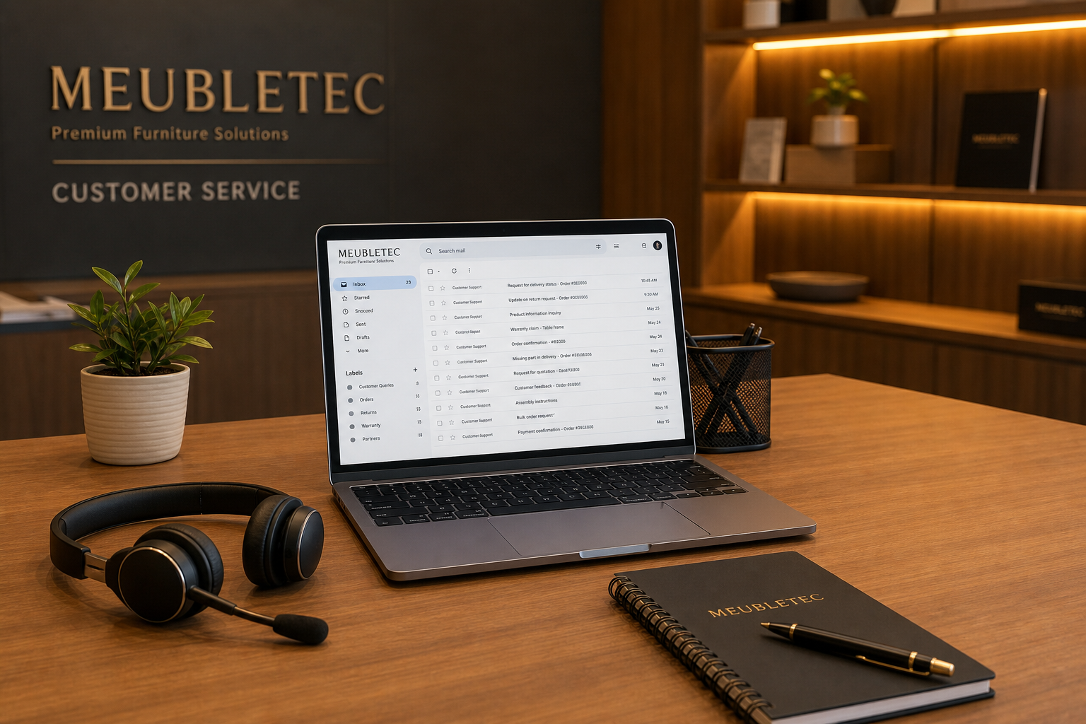 Meubletec Kundenservice – Laptop mit E-Mail-Postfach und Headset