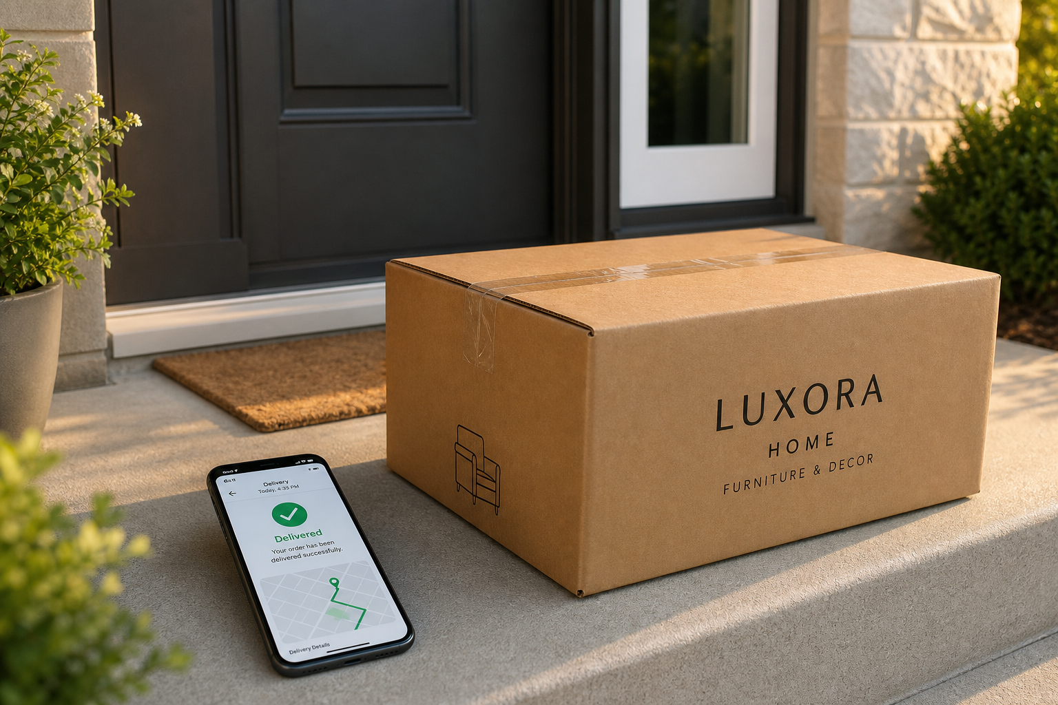 Paket vor der Tür mit Sendungsverfolgung auf dem Smartphone
